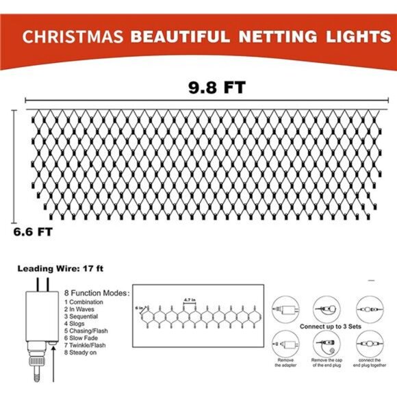 Christmas Net Lights, 9.8ft x 6.6ft 200 LED Mesh Decor with 8 Modes Waterproof - Picture 2 of 7